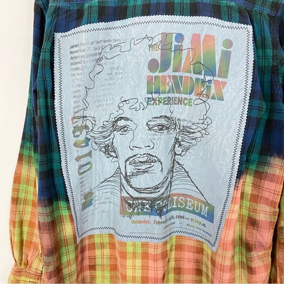 Jimi Hendrix Plaid Flannel Shirt Mens XL Unisex Bleached Handmade Green Blue - Picture 5 of 12